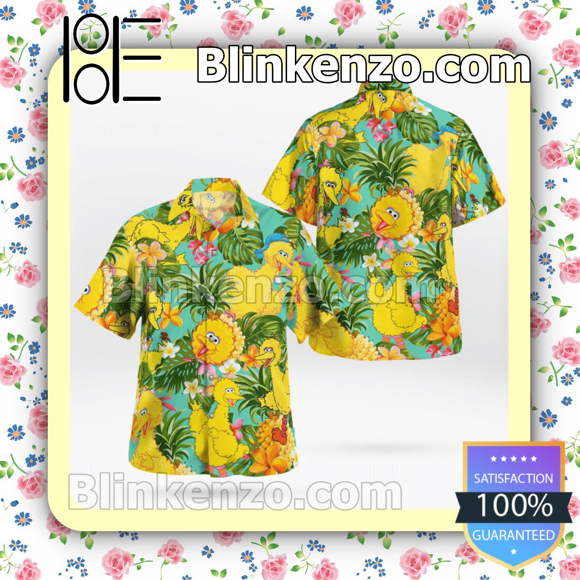 The Muppet Big Bird Pineapple Tropical Button Summer Hawaiian Shirt, Mens Shorts