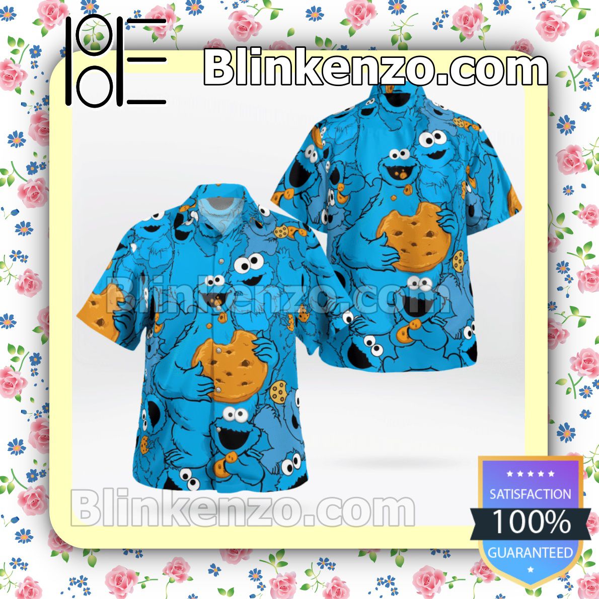 The Muppet Cookie Monster Button Summer Hawaiian Shirt, Mens Shorts