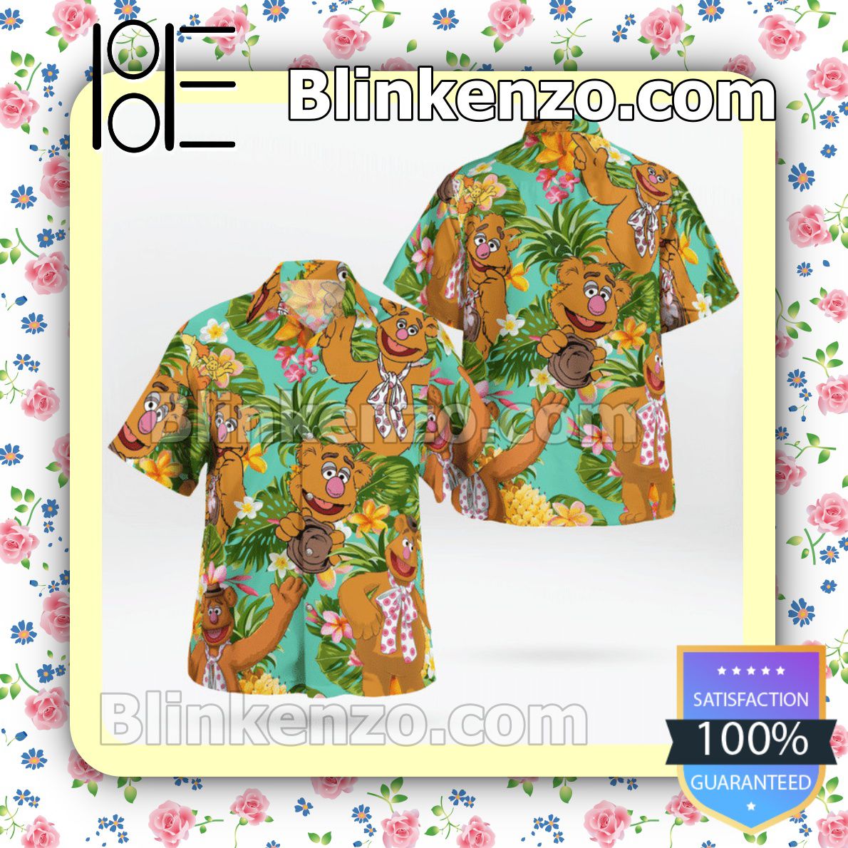 The Muppet Fozzie Bear Pineapple Tropical Button Summer Hawaiian Shirt, Mens Shorts