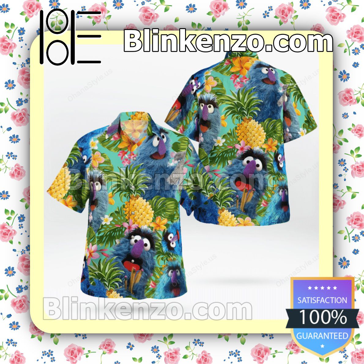 The Muppet Herry Monster Pineapple Tropical Button Summer Hawaiian Shirt, Mens Shorts