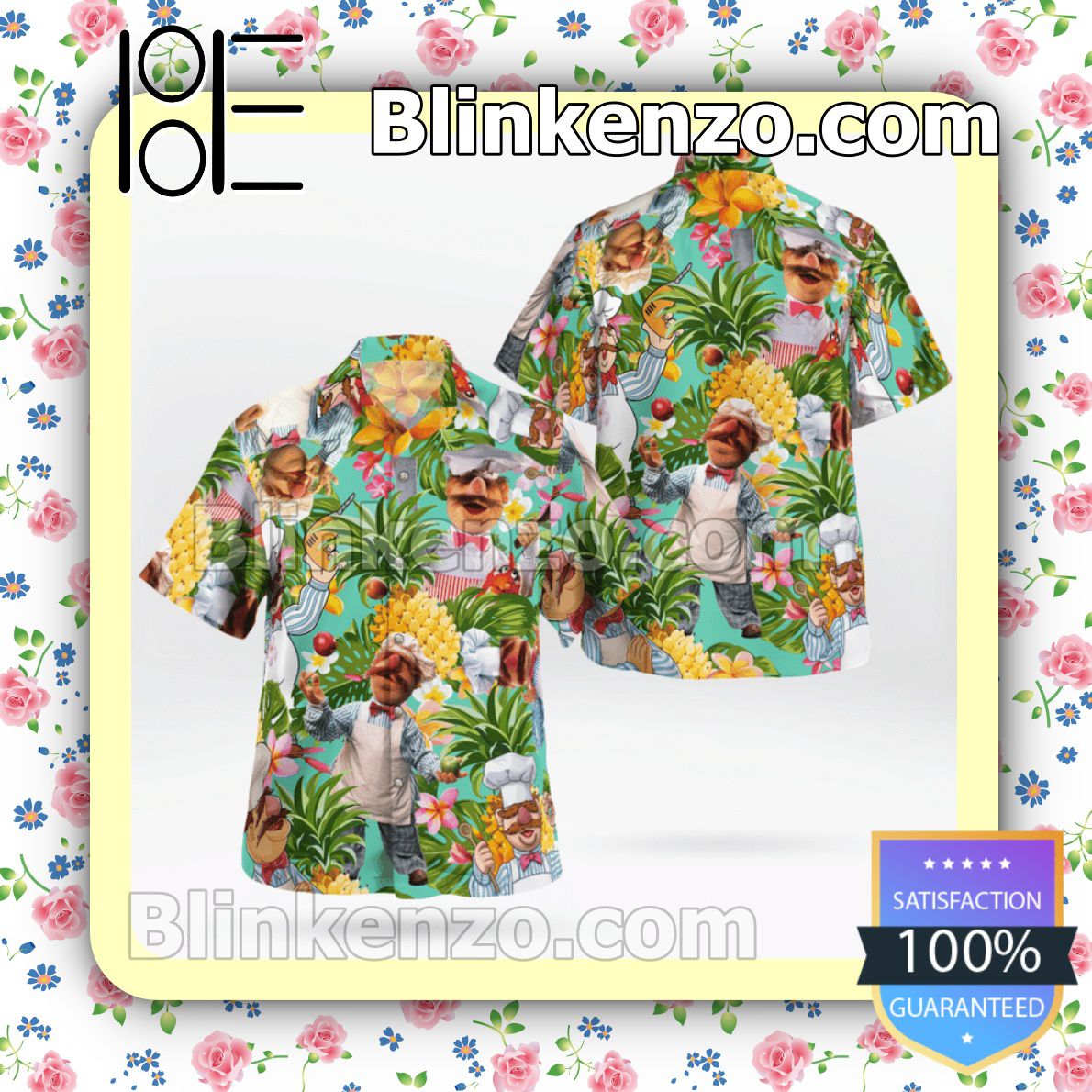 The Muppet The Swedish Chef Pineapple Tropical Button Summer Hawaiian Shirt, Mens Shorts