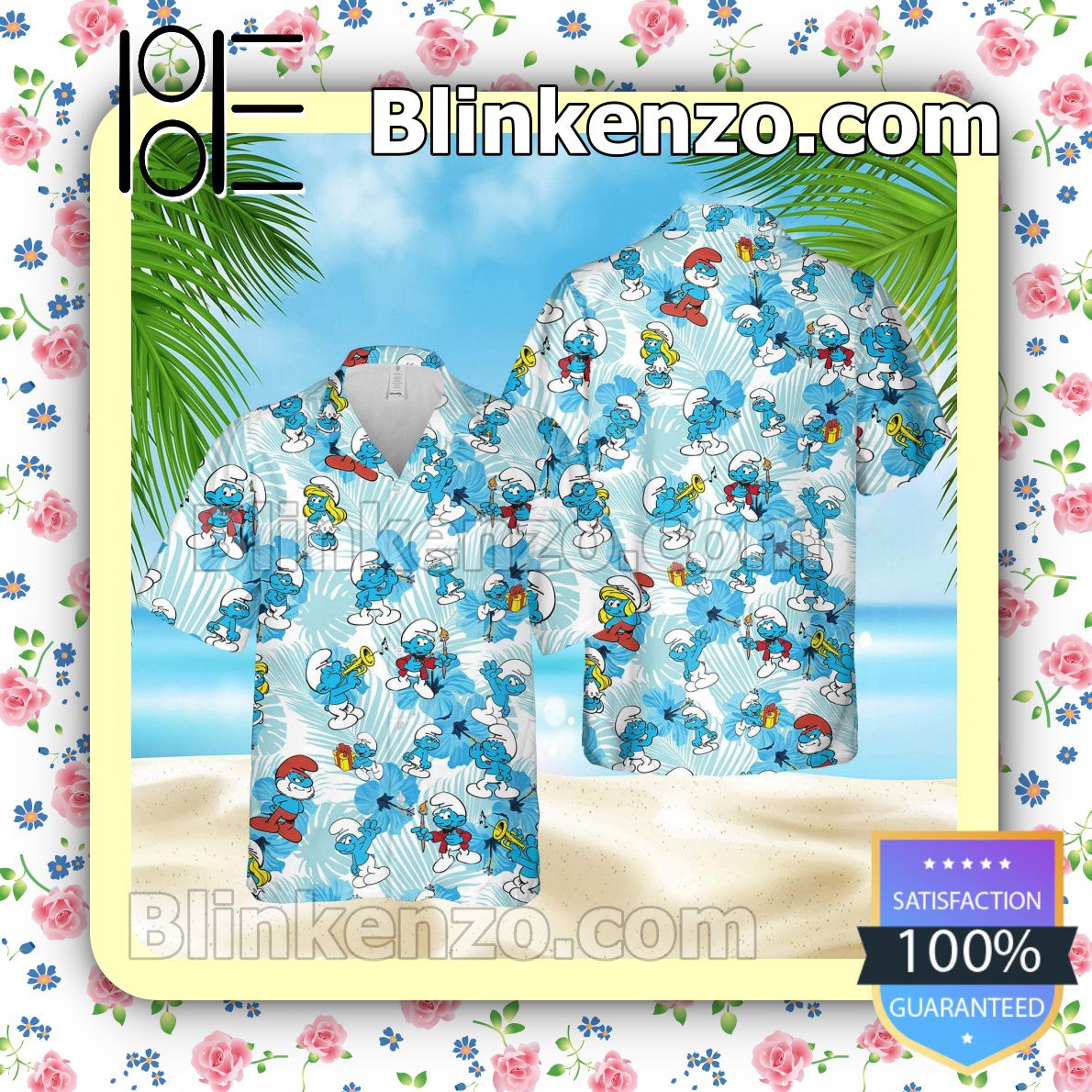 The Smurfs Hibicus Palm Leaves Blue Summer Hawaiian Shirt, Mens Shorts