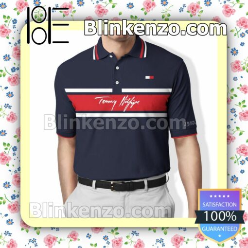 Tommy Hilfiger Navy With Red And White Lines On Chest Embroidered Polo Shirts