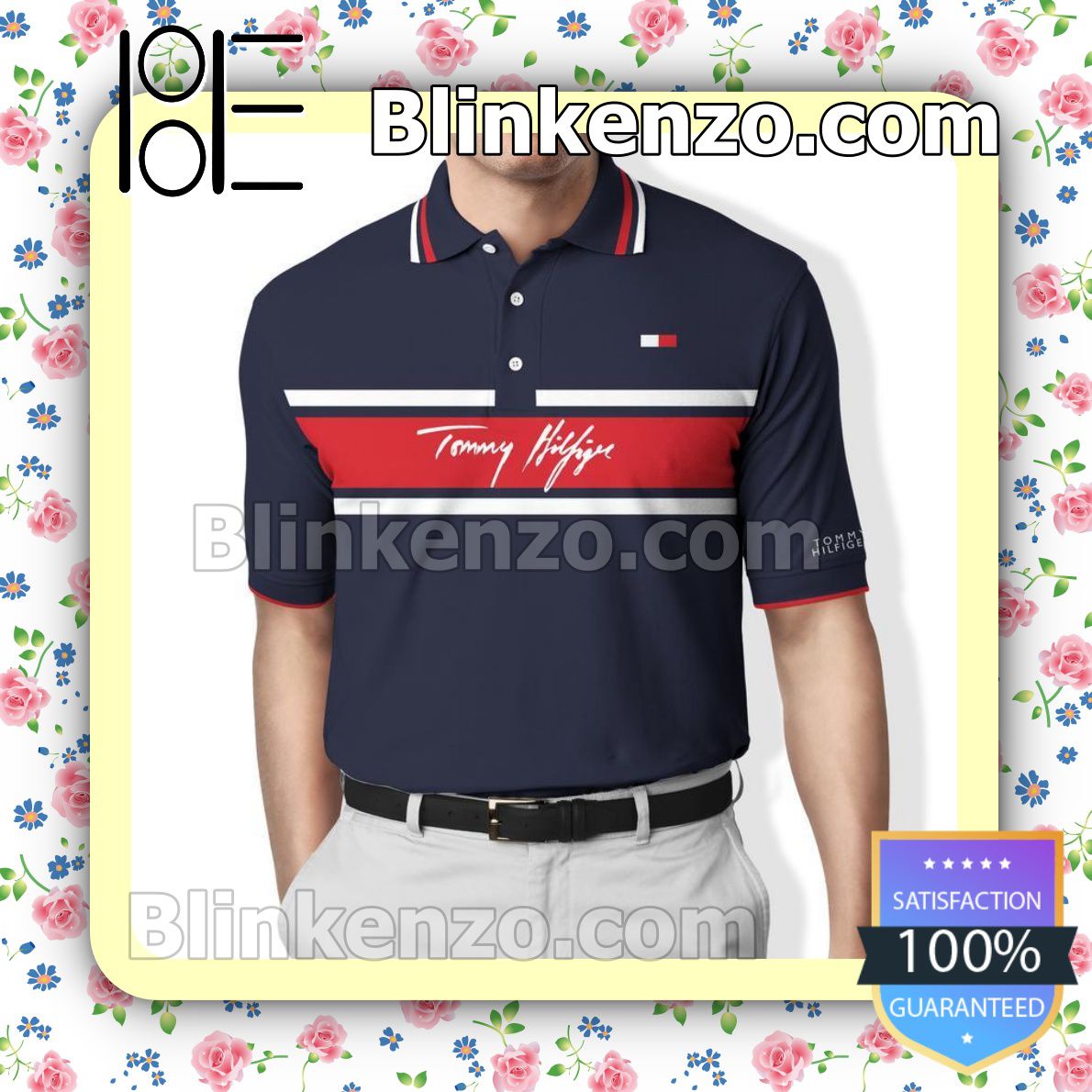Vibrant Tommy Hilfiger Navy With Red And White Lines On Chest Embroidered Polo Shirts