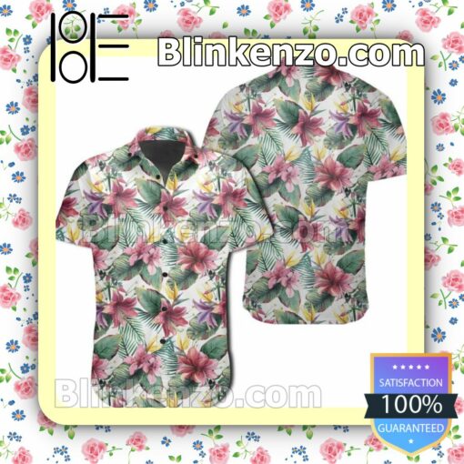 Tropical Lily And Strelitzia Flower Palm Leaf White Summer Shirts