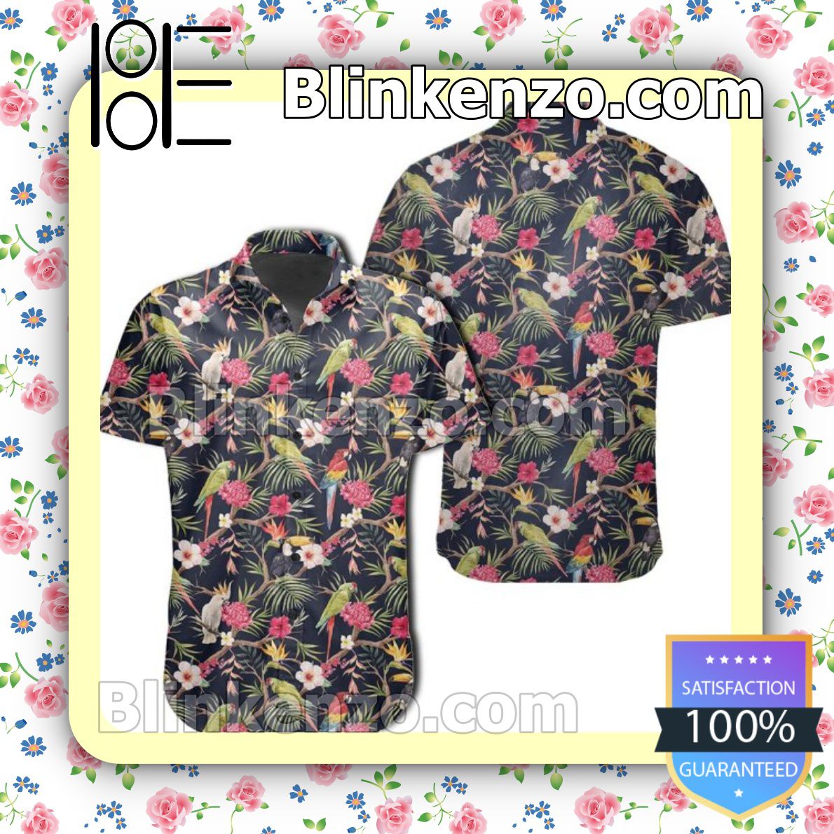 Tropical Parrot And Cockatoos Hibiscus Strelitzia Palm Leaves Summer Shirts
