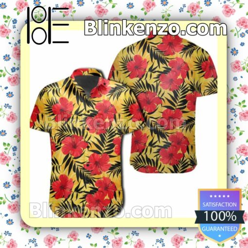 Tropical Red Hibiscus Flowers And Palm Leaves Yellow Summer Shirts