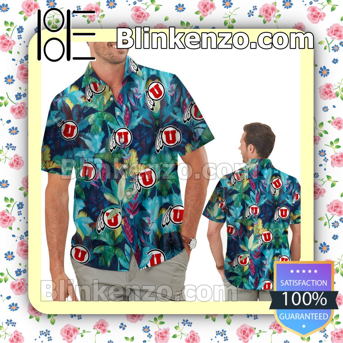 Utah Utes Floral Tropical Mens Shirt, Swim Trunk