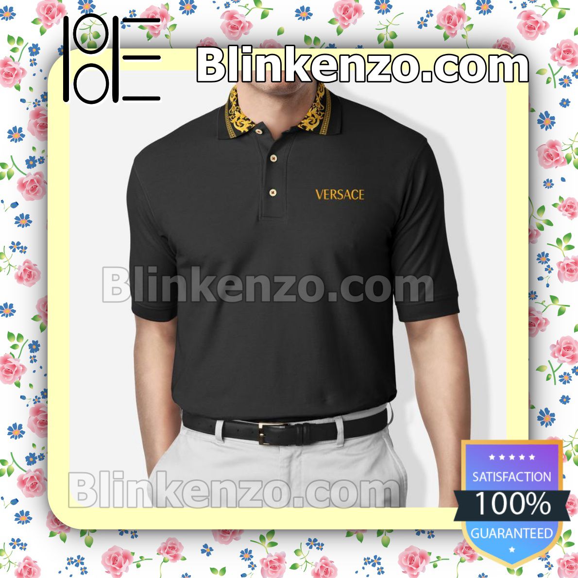 Versace Basic Black With Barocco Floral On Collar Embroidered Polo Shirts