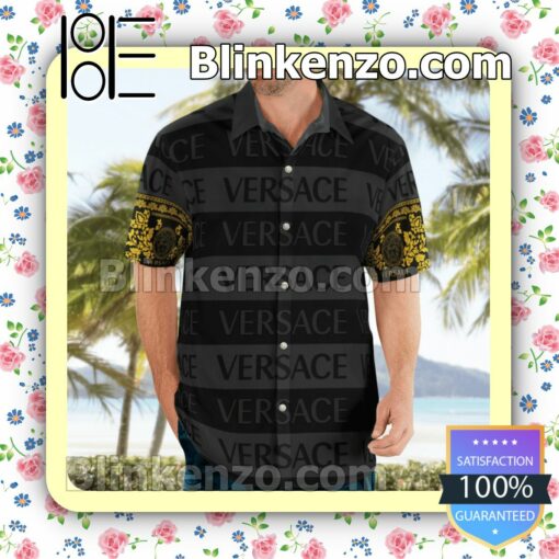 Versace Black And Grey Horizontal Stripes Luxury Beach Shirts, Swim Trunks a