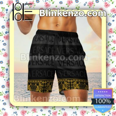 Versace Black And Grey Horizontal Stripes Luxury Beach Shirts, Swim Trunks c