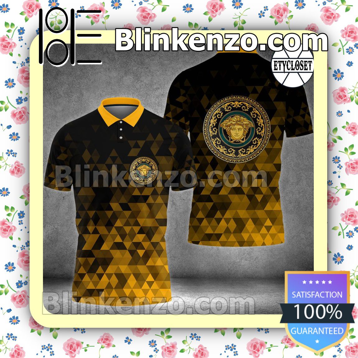 Versace Black Gold Abstract Triangle Background Embroidered Polo Shirts