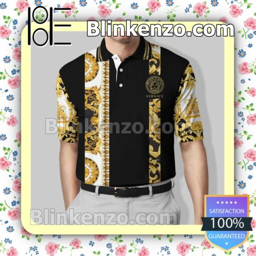 Versace Pattern Black Embroidered Polo Shirts