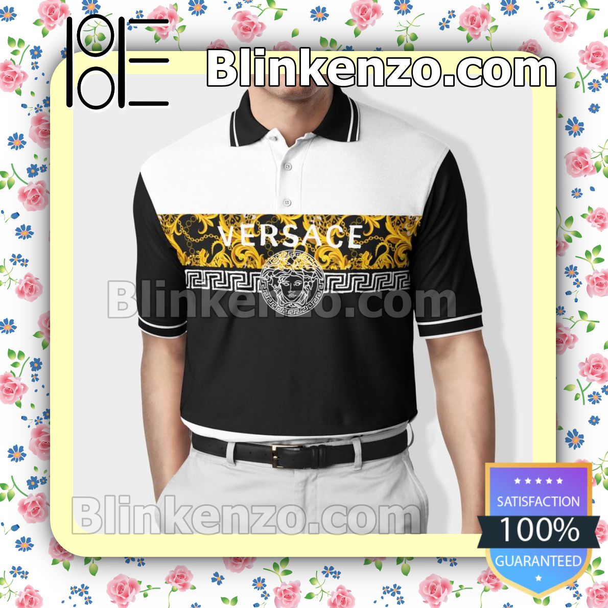 Versace Pattern Black White Embroidered Polo Shirts