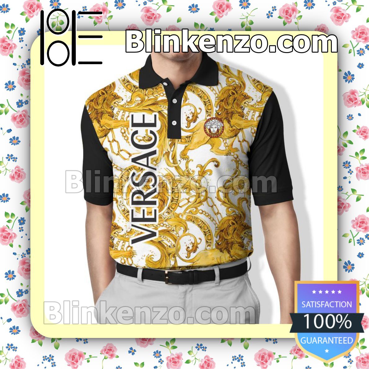 Versace Pattern Lion Mix Gold Black And White Embroidered Polo Shirts