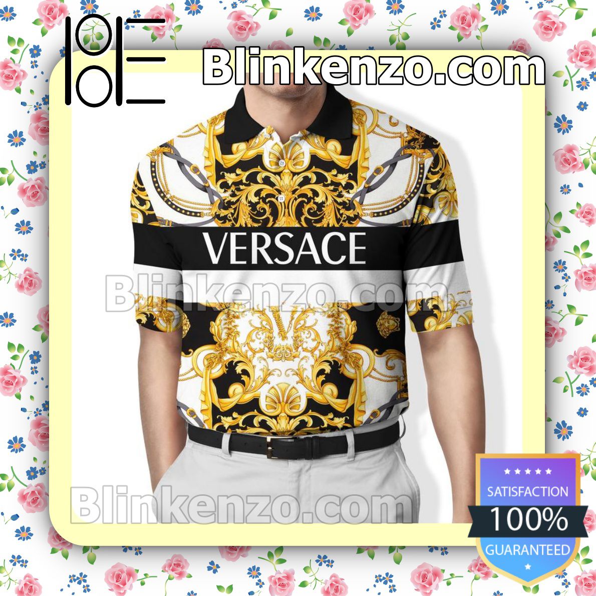 Versace Pattern Mix Gold Black And White Embroidered Polo Shirts