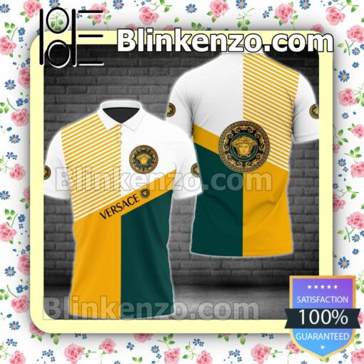 Versace Stripes Mix Dark Green Gold And White Embroidered Polo Shirts