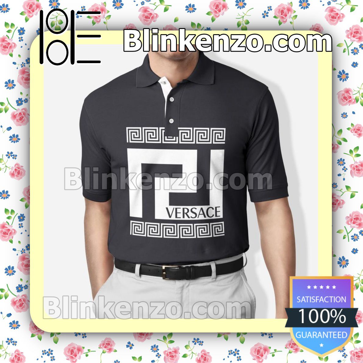 Versace White Greek Key Black Embroidered Polo Shirts
