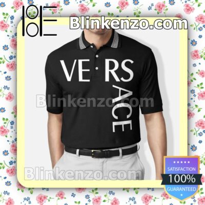 Versace With White Greek Key Stripe On Collar Black Embroidered Polo Shirts
