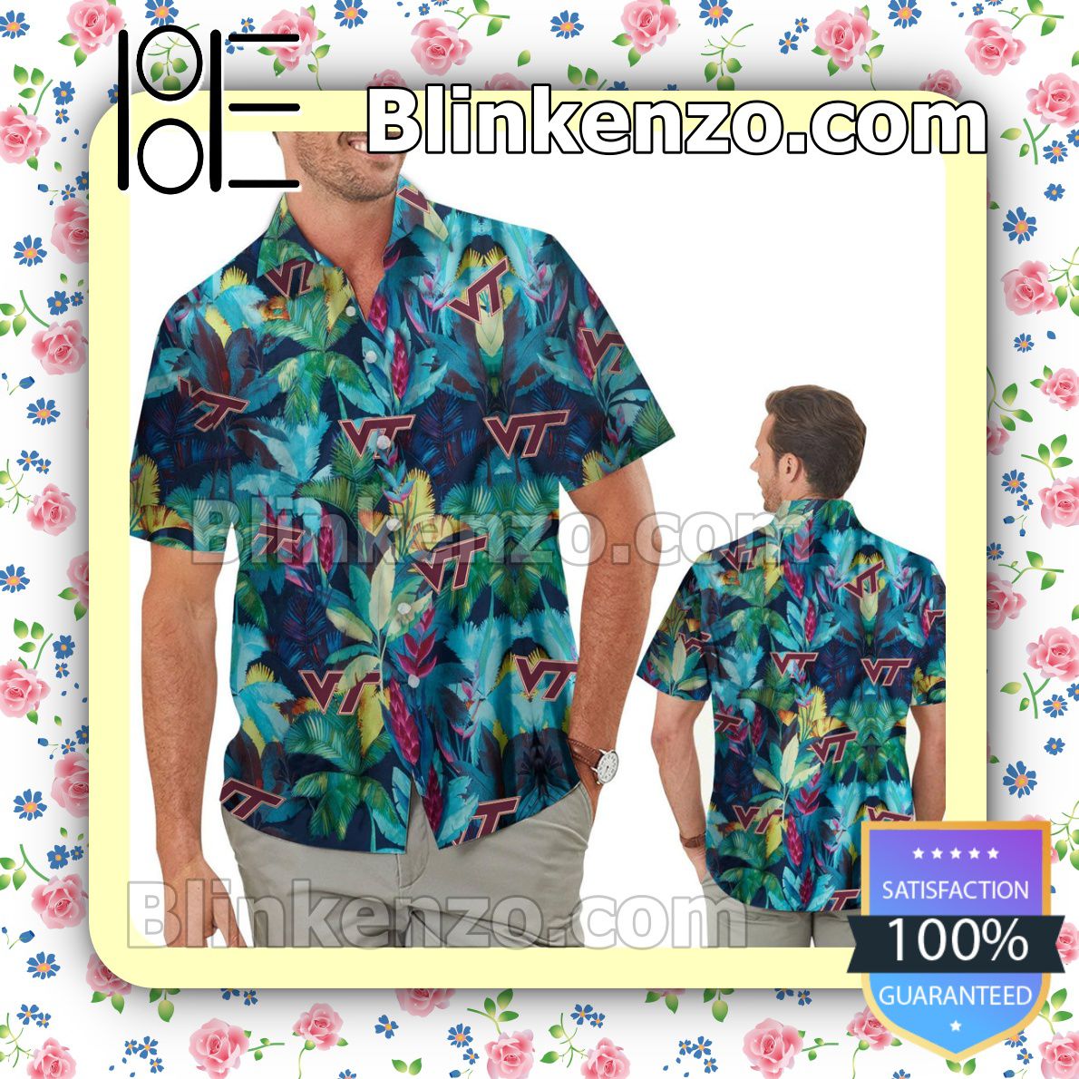Virginia Tech Hokies Floral Tropical Mens Shirt, Swim Trunk
