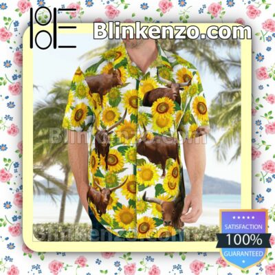 Watusi Cattle Lovers Sunflower  Summer Hawaiian Shirt, Mens Shorts a