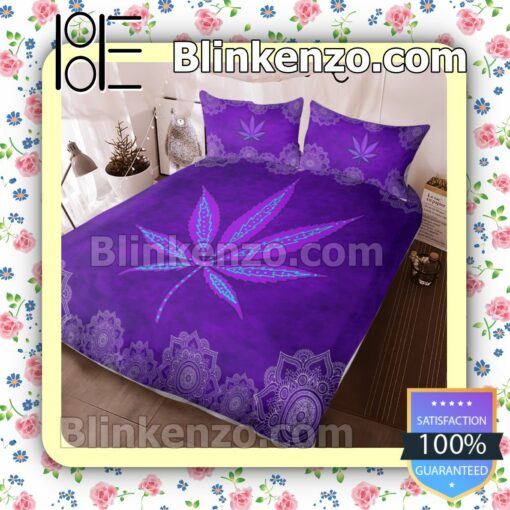 Weed Leaf Hippie Purple Queen King Quilt Blanket Set c