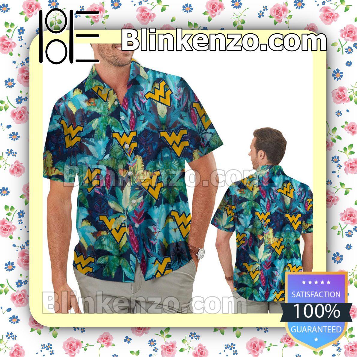 West Virginia Mountaineers Floral Tropical Mens Shirt, Swim Trunk
