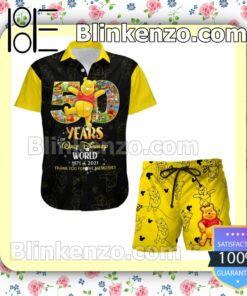 Winnie Pooh 50th Anniversary Glitter Disney Castle Black Yellow Summer Hawaiian Shirt, Mens Shorts