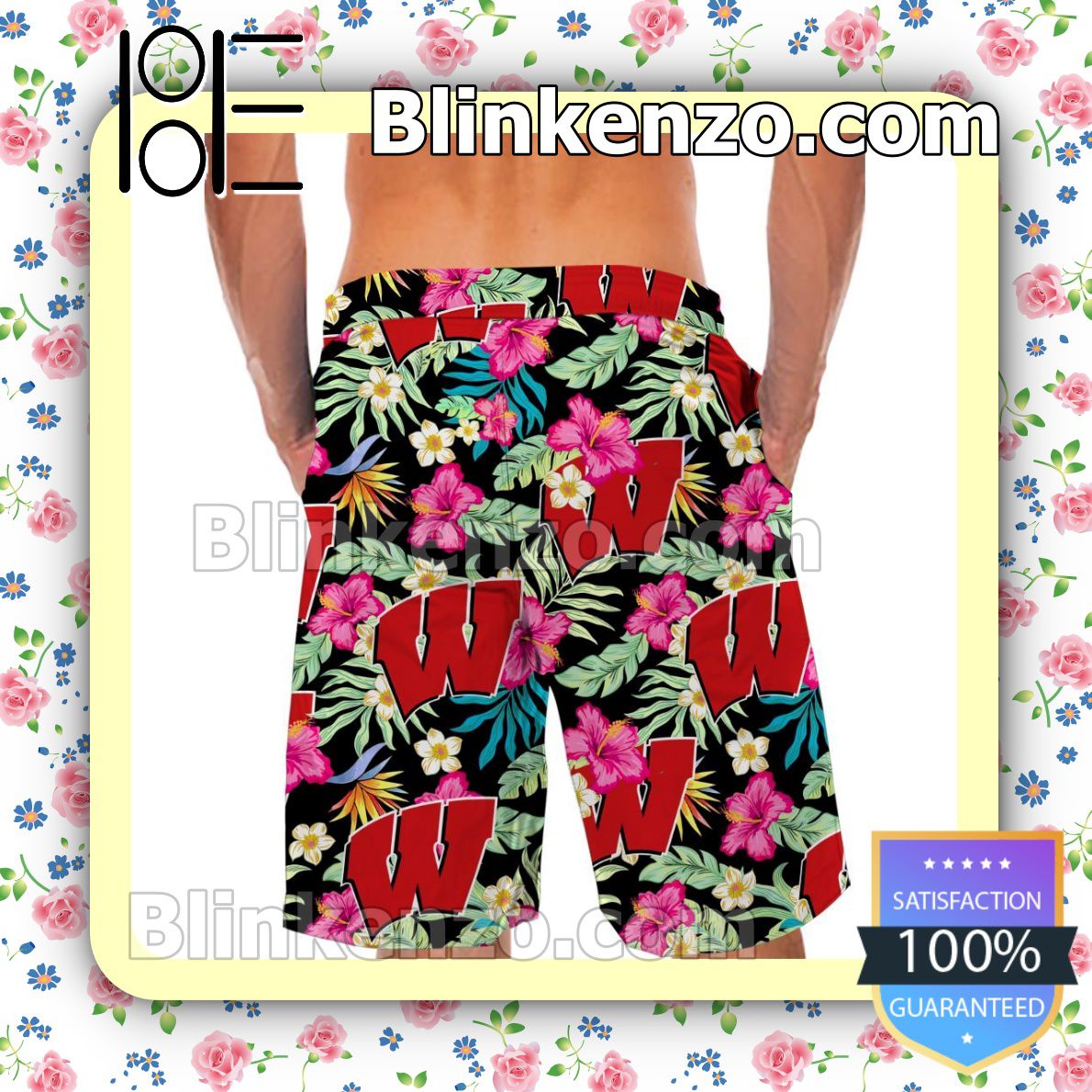  Ships From USA Wisconsin Badgers Hibiscus Mens Shirt, Swim Trunk