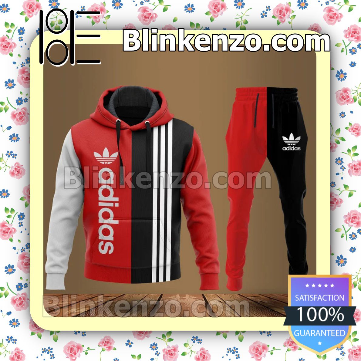 Adidas Black And Red With White Vertical Stripes Fleece Hoodie, Pants