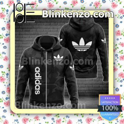 Adidas Geometric Black Full-Zip Hooded Fleece Sweatshirt