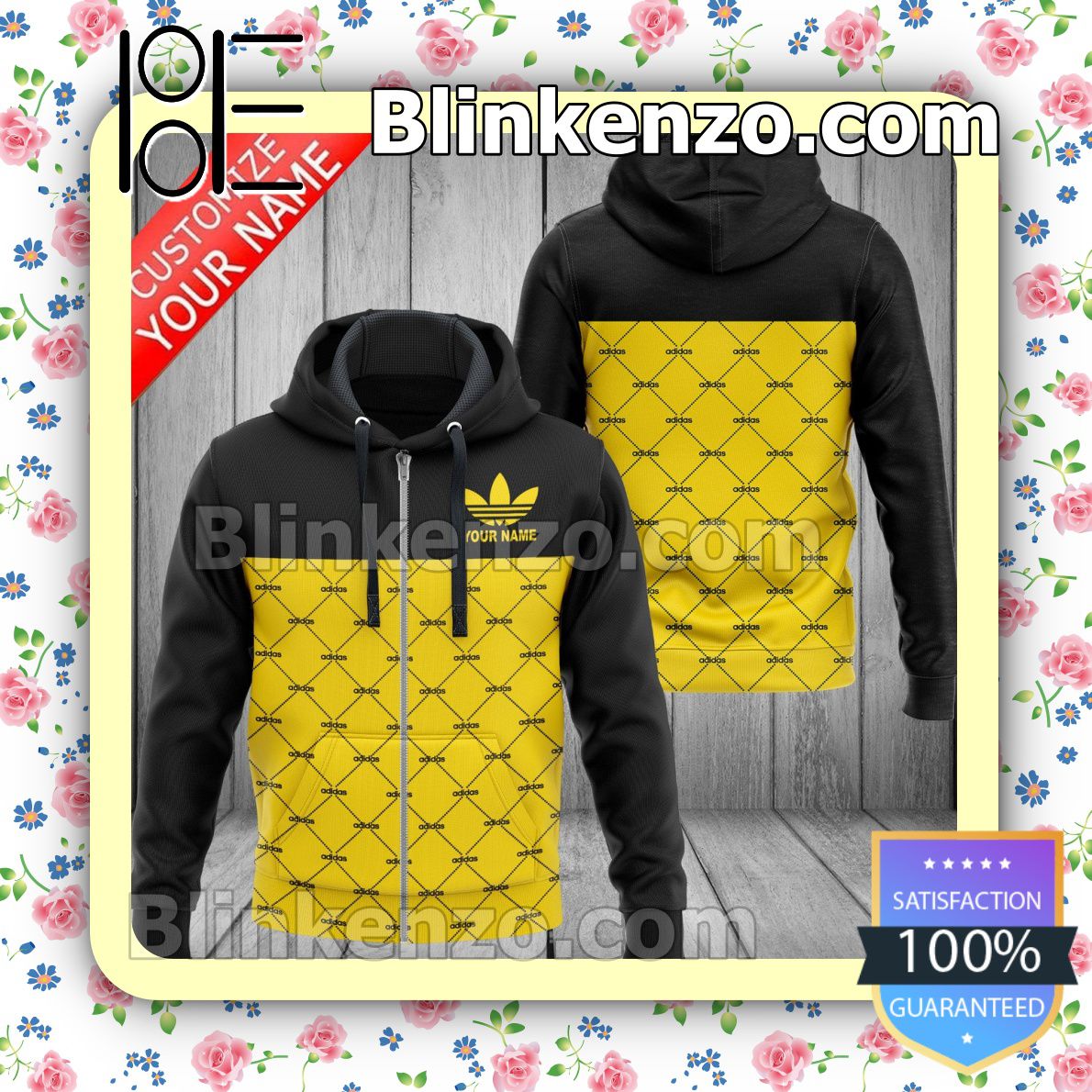 Discount Adidas Linear Graphic Black And Yellow Full-Zip Hooded Fleece Sweatshirt