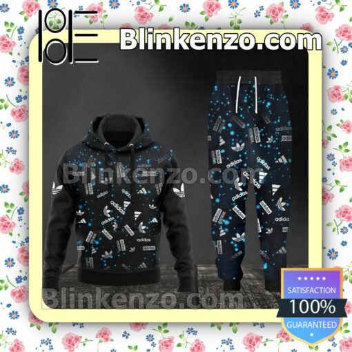 Adidas Logo Print Blue Particles On Black Fleece Hoodie, Pants