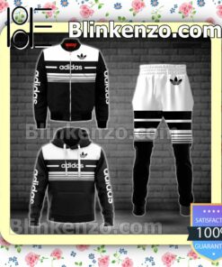 Adidas Luxury Black With White Horizontal Stripes Fleece Hoodie, Pants