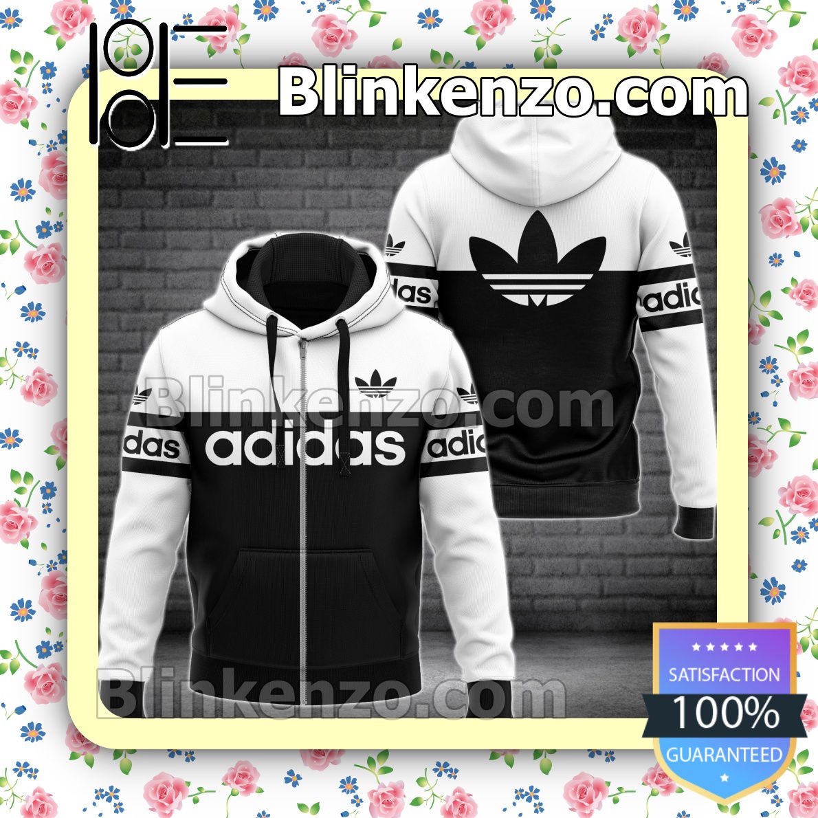 Perfect Adidas Luxury Brand Black And White Basic Full-Zip Hooded Fleece Sweatshirt