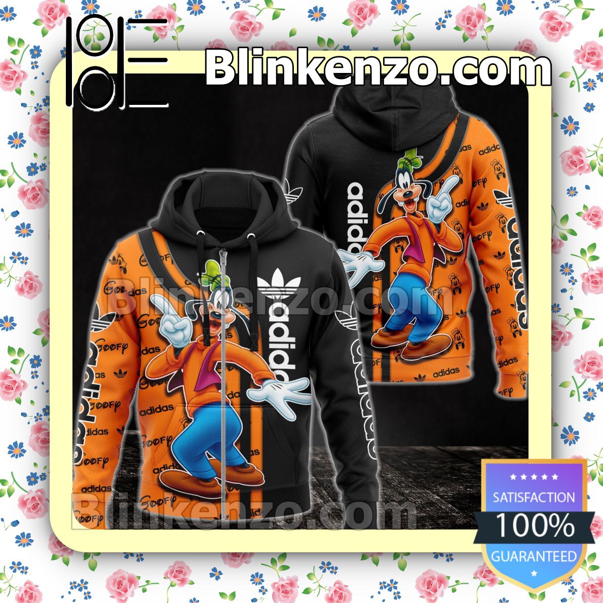 Free Ship Adidas With Goofy Black And Orange Full-Zip Hooded Fleece Sweatshirt
