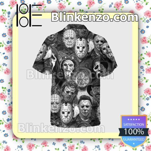 All Horror Characters Black And White Style Halloween Short Sleeve Shirts a