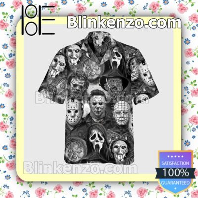 All Horror Characters Black And White Style Halloween Short Sleeve Shirts b