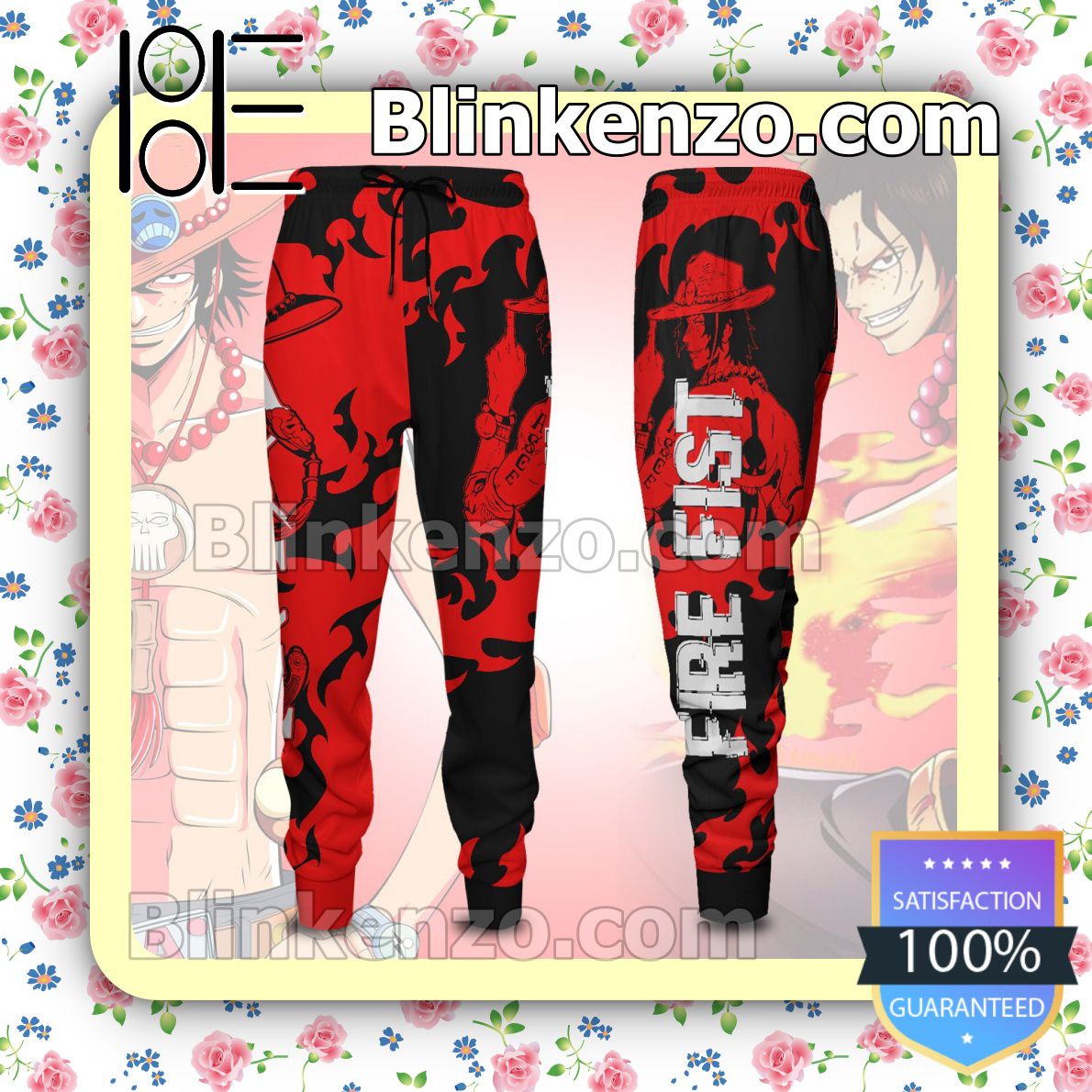 Print On Demand Anime One Piece Ace Fire Fist Black And Red Gift For Family Joggers
