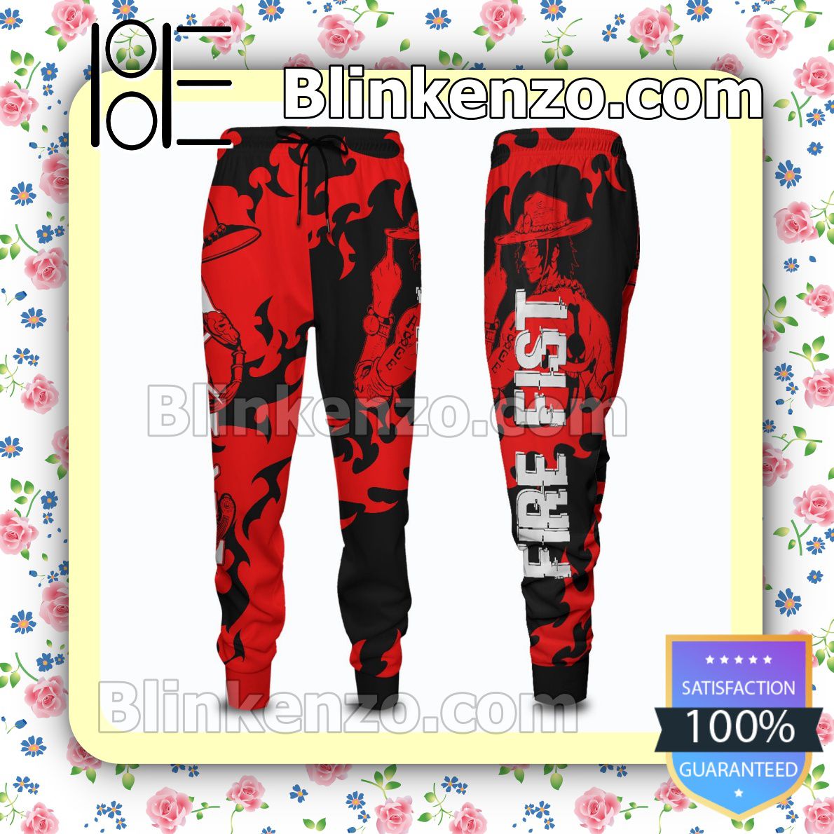 Handmade Anime One Piece Ace Fire Fist Black And Red Gift For Family Joggers