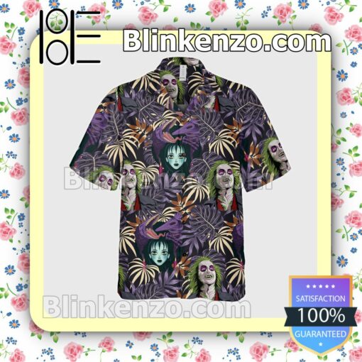 Beetlejuice And Lydia Tropical Leaf Halloween Short Sleeve Shirts a