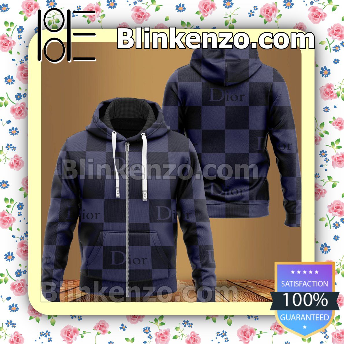 Adorable Dior Black And Purple Checkerboard Full-Zip Hooded Fleece Sweatshirt