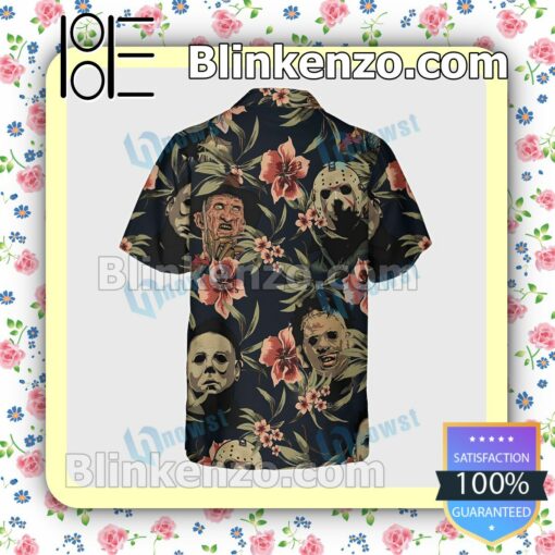Freddy Krueger, Michael Myers And Jason Vahoones Tropical Flower Halloween Short Sleeve Shirts a
