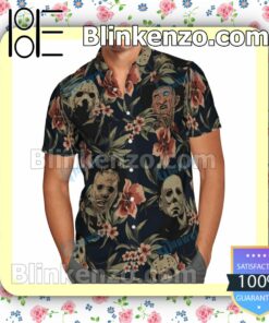 Freddy Krueger, Michael Myers And Jason Vahoones Tropical Flower Halloween Short Sleeve Shirts b