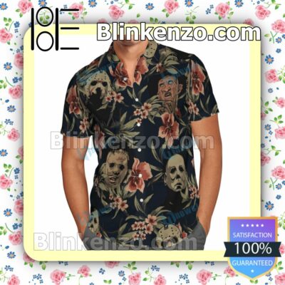 Freddy Krueger, Michael Myers And Jason Vahoones Tropical Flower Halloween Short Sleeve Shirts b