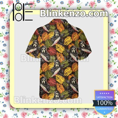 Ghost Face Colorful Monstera Leaf Halloween Short Sleeve Shirts a