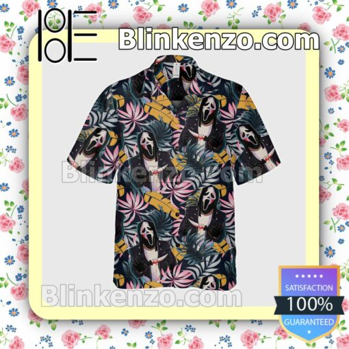 Ghost Face Tropical Leaves Halloween Short Sleeve Shirts b