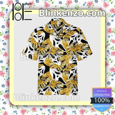 Ghost Face Tropical Monstera Leaf Halloween Short Sleeve Shirts b