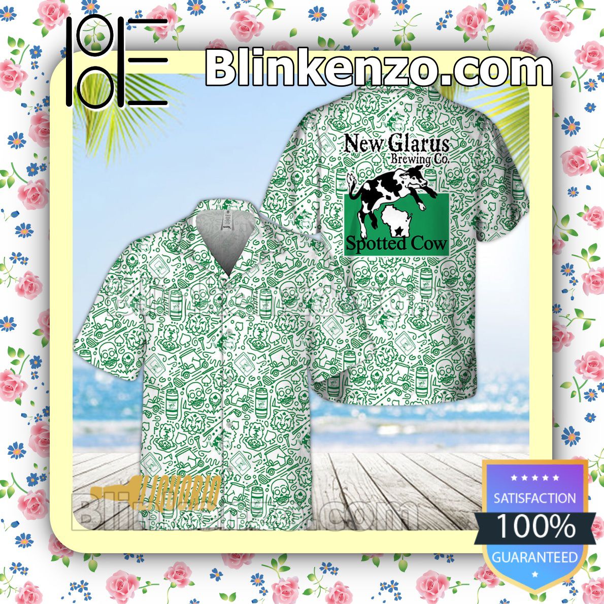 Green New Glarus Spotted Cow Doodle Art Beach Shirts