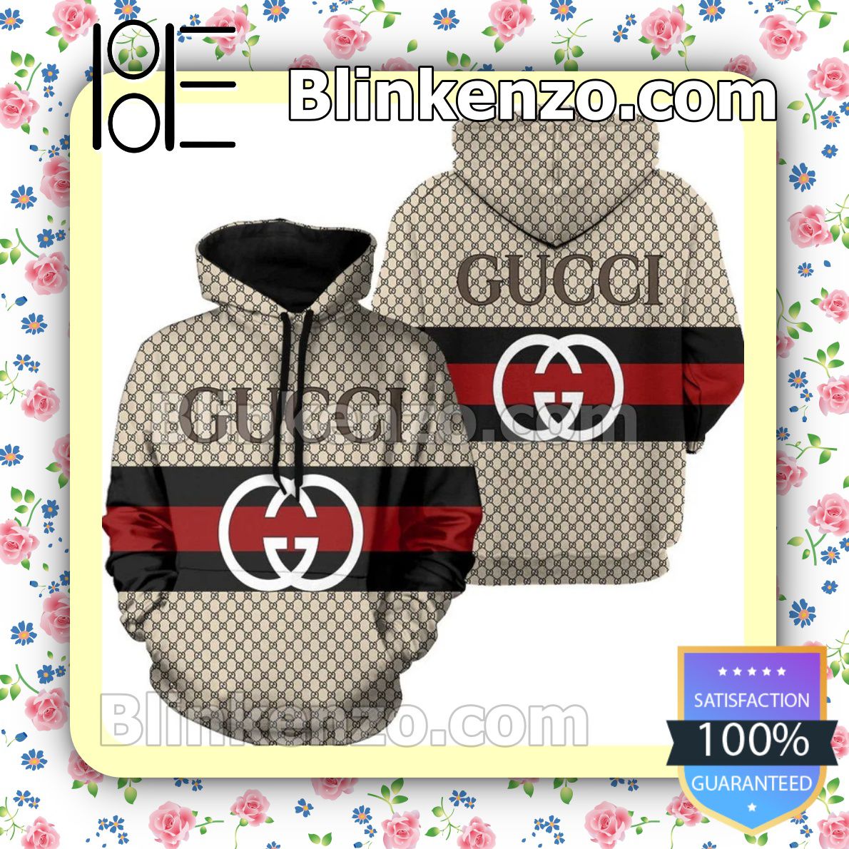 Gucci Beige Monogram Black Red Stripes Center Custom Hoodie - Blinkenzo